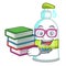 Student with book liquid soap in the cartoon shape