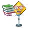 Student with book warning sign with exclamation mark mascot