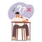 Student Boy Character Sits Nervously At A Desk, Surrounded By Textbooks And Notes, Facing An Exam, Vector Illustration