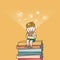 The student boy is sitting on the stack books while he is reading and smiling and icons refer to knowledge and learning