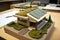 student building model of eco-friendly house, with solar panels and green roof