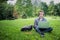 Student in campus park studying.