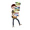 Student carries large pile of books. Heavy load in hands of man with backpack