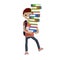 Student carries large pile of books. Heavy load in hands of man with backpack. Study problems and exam