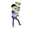 Student carries large pile of books. Heavy load in hands of man with backpack. Study problems and exam