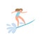Student girl in blue swimwear surfing on ocean wave