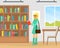 Student Girl Choosing Book in Library, Library Interior with Books on Wooden Bookshelves Flat Vector Illustration