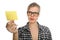 Student girl with glasses takes a yellow note