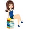 Student Girl Sitting Books Pile