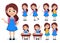 Student girl vector character set. School kids cartoon characters wearing uniform and backpack