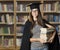 Student in Graduation Hat holding Education Books, Master Woman