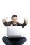 Student happy laptop, success gesture expression