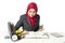 Student in hijab sitting and read the book against white background