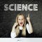 Student little girl and science background. child rejoices in scientific discovery