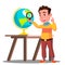 Student Looking Through A Magnifying Glass Globe, Geography Lesson Vector. Isolated Illustration