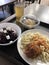 Student lunch, pasta and salad