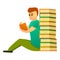 Student near book stack icon, cartoon style