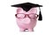 Student Piggy Bank college graduate front view, education savings concept
