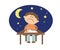 The student sits at the table and solves the problem. Night. Cartoon. Vector