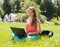 Student sitting on grass with laptop. Beautiful young woman with notebook online in the park. Outdoor. Sunny day. Back to school.