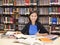 Student sitting and reading book in library