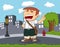 Student smile and raise his finger standing on the road with city background cartoon