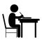 Student Studying. Black and white pictogram depicting stick figure sitting on chair at desk studying writing working. Vector File