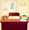 Student table with textbooks, copybook, pensils in elementary school classroom background. Front view. Interior of
