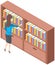 Student taking book at library icon bookcase. Woman at bookstore standing near bookshelf with books