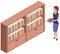 Student taking book at library icon bookcase. Woman at bookstore standing near bookshelf with books