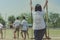 Student try to walk on the Bamboo legs,Children playing Old tha