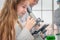 Student using microscope in biology laboratory