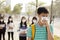 Student wearing mouth mask against smog in city