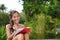 Student woman studying on campus park