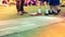 Students boy prepare for long jump competition at school sports day by put legs on chalk