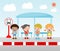 Students at the bus stop, A vector illustration of little children waiting at a bus stop, Waiting at Bus Stop, Vector Illustration