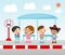 Students at the bus stop, A vector illustration of little children waiting at a bus stop, Waiting at Bus Stop, Vector Illustration