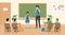 Students at classroom vector illustration. Confused girl with ink stains on clothes at class teacher standing near