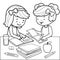 Students doing homework. Vector black and white coloring page.