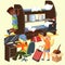 Students frat house colorful poster with roommates boys and girl with suitcase moving to her new dorm room vector