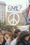 Students holding peace sign at rally, Los Angeles, California