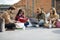 Students learn on asphalt at university campus