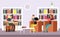 Students reading and searching books in public library interior with bookshelves cartoon vector illustration
