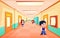 Students in school hallway. Locks in corridor, little pupils go to study and welcome friends. Cartoon children in