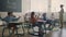 Students sitting at desks in classroom. Pupils playing with paper planes