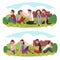 Students Sitting on Lawn in front of College Building Set, Boys and Girls Talking to Each Other Vector Illustration