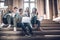 Students are spending time together.Multicultural young people using laptop while sitting on the stairs in the hall university