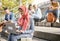 Students on stairs, Islamic woman and laptop for typing, connection and online reading outdoor. Student, Muslim female