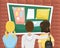 Students stand in front of the Bulletin Board at school. Flat vector illustration