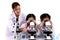 Students and teacher in lab coat have fun together, two little children students look through microscope and learn science